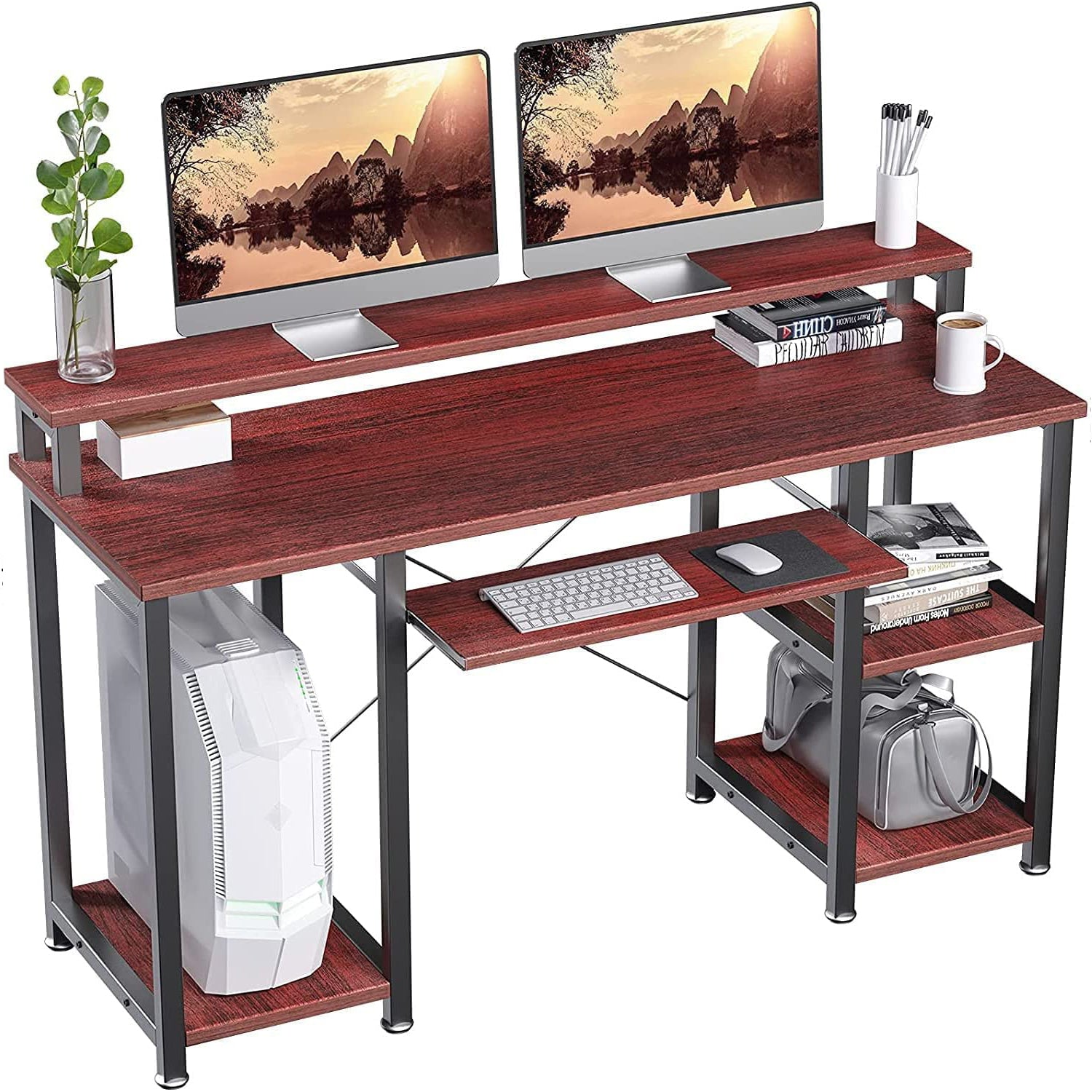 Simplie Fun Compact Computer Desk with Side Shelf and Keyboard Panel,  Cherry